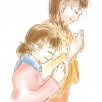 手を合わせてお祈りするふたりの娘さんの絵